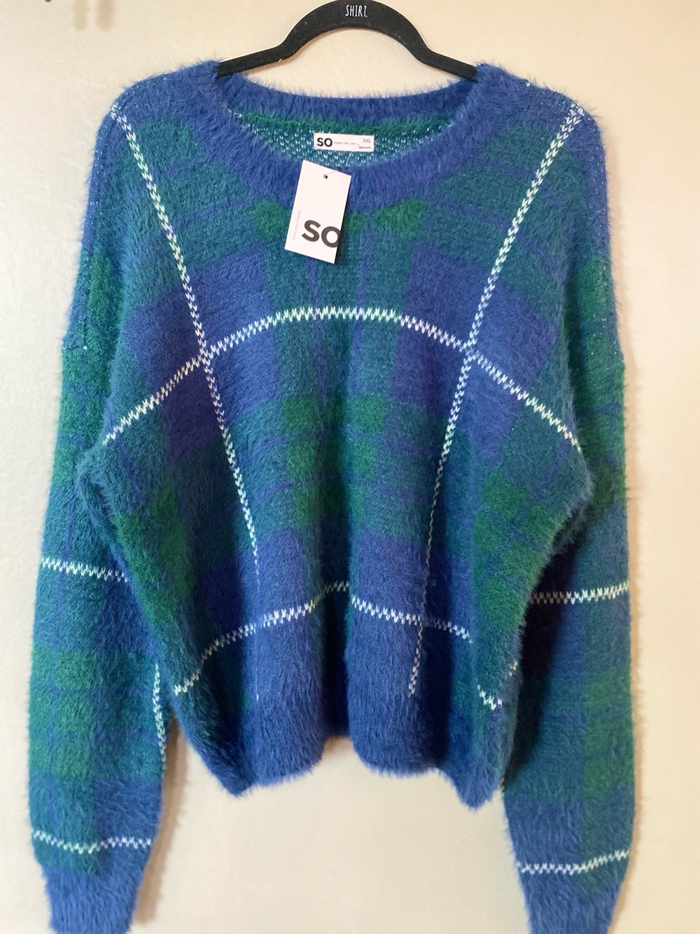SO Fuzzy Plaid Crewneck Sweater